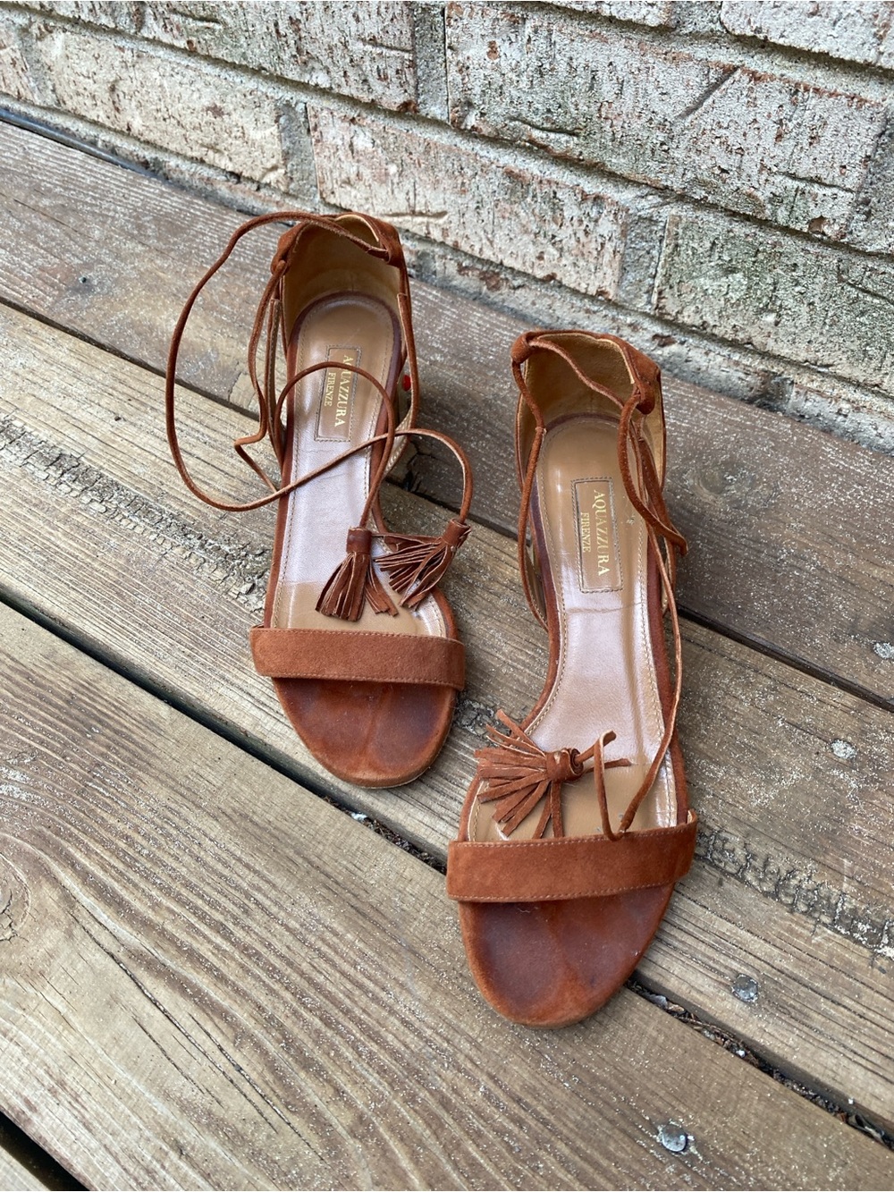 Aquazzura Cognac Suede Lace-Up Tassel Sandals